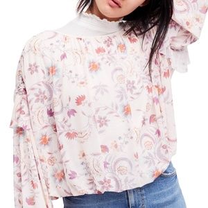 Free People Floral Print Mesh Top SZ M Ivory Combo